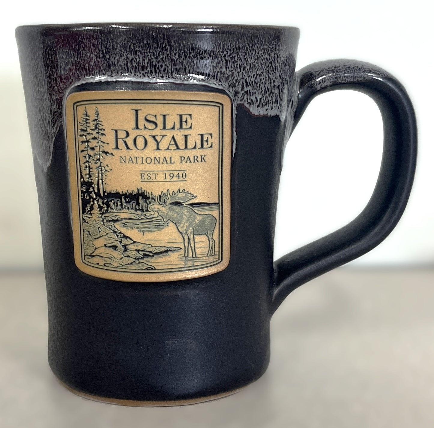 1813 Isle Royale Moose Abby Mug, Black with purple-white marbling
